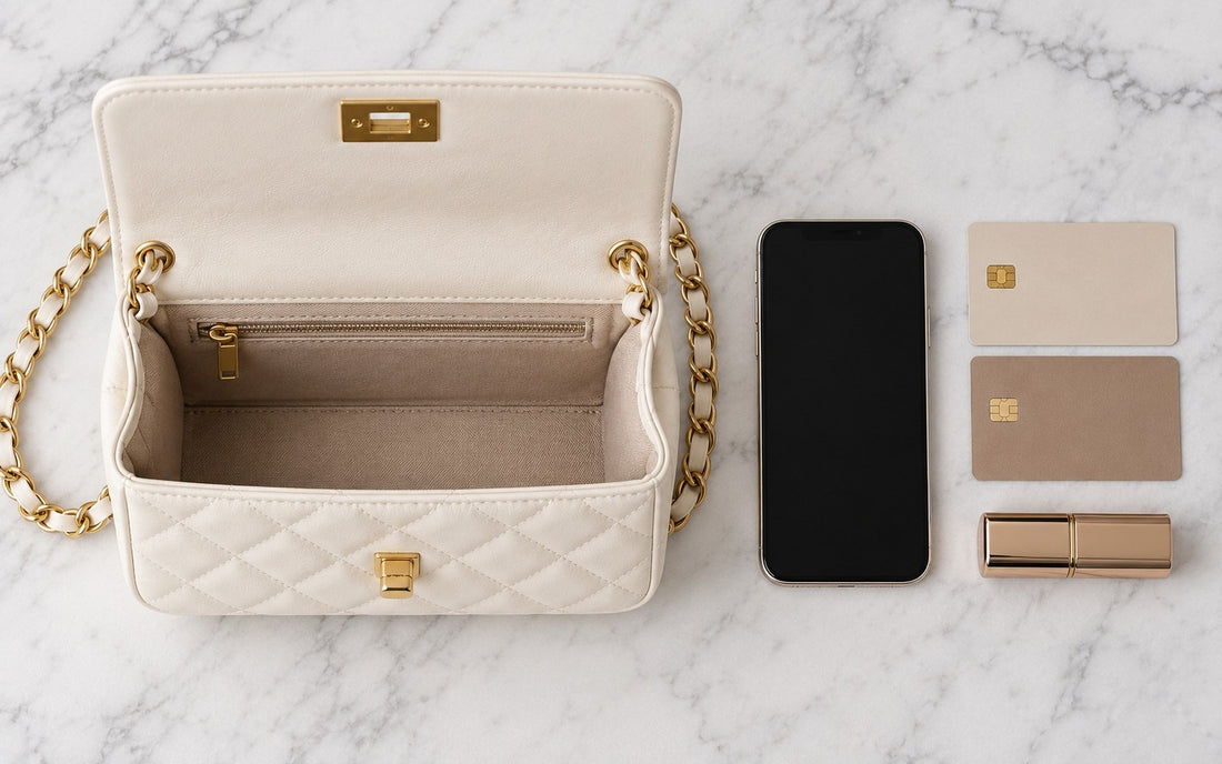Inside view of the Misariva Cremona bag, with phone, card, and lipstick