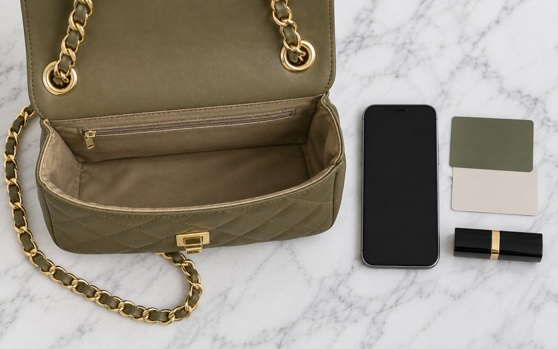 Inside view of the Misariva Cremona bag, with phone, card, and lipstick
