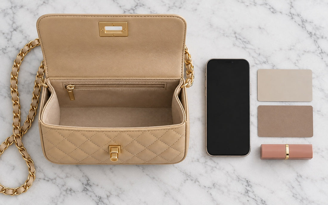 Inside view of the Misariva Cremona bag, with phone, card, and lipstick