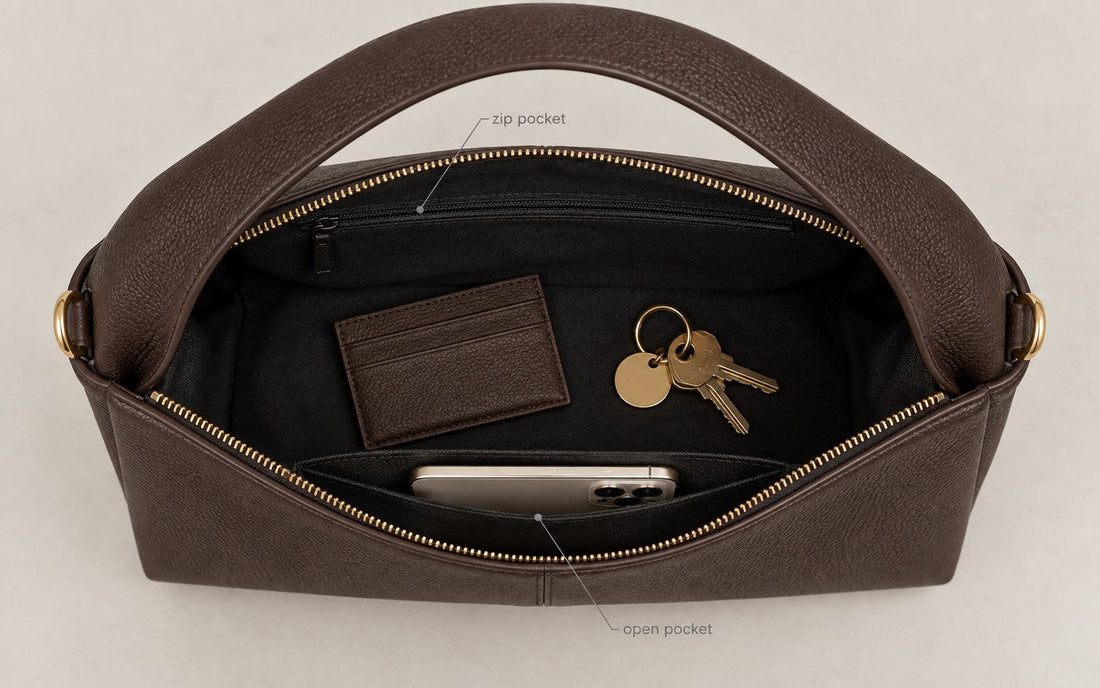 The interior of the MIFONA Verona bag seen from above, with a phone, wallet and keys