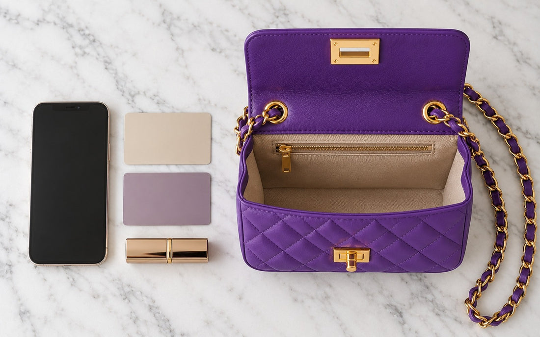 Inside view of the Misariva Cremona bag, with phone, card, and lipstick