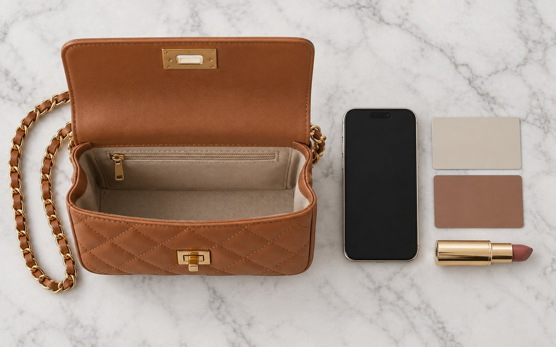 Inside view of the Misariva Cremona bag, with phone, card, and lipstick