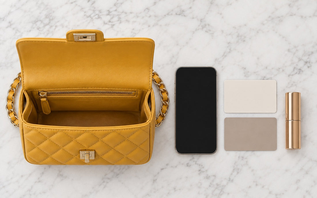 Inside view of the Misariva Cremona bag, with phone, card, and lipstick