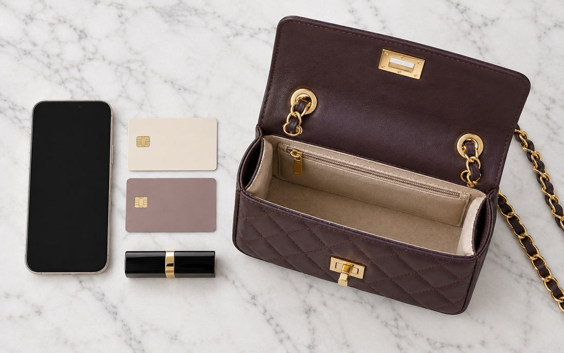 Inside view of the Misariva Cremona bag, with phone, card, and lipstick