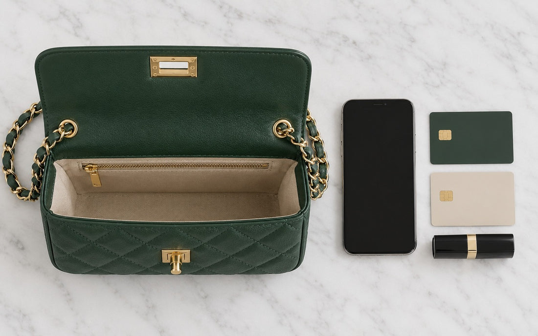 Inside view of the Misariva Cremona bag, with phone, card, and lipstick