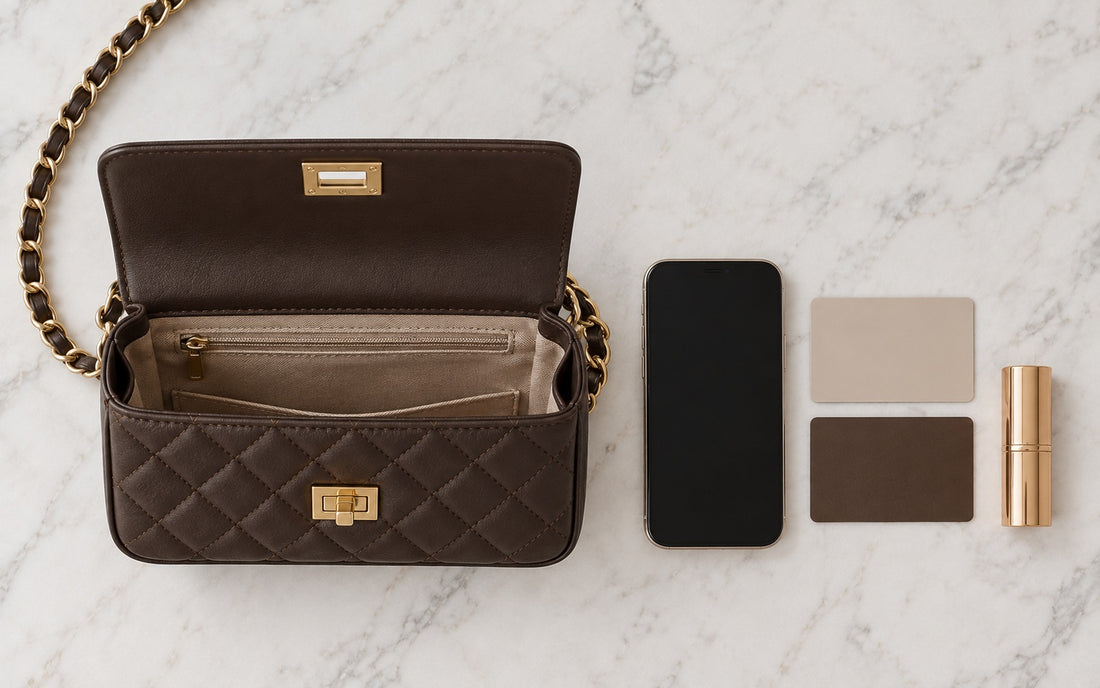 Inside view of the Misariva Cremona bag, with phone, card, and lipstick