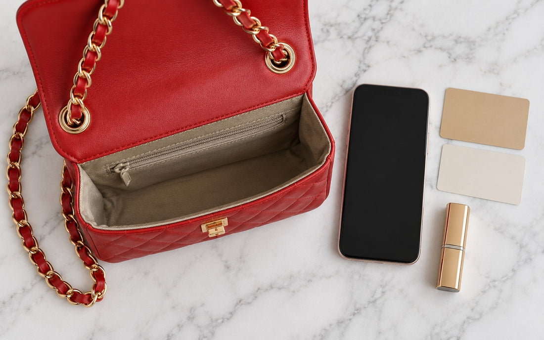 Inside view of the Misariva Cremona bag, with phone, card, and lipstick