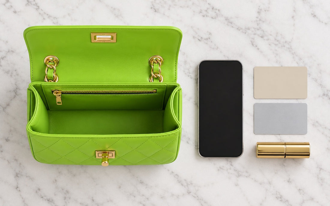 Inside view of the Misariva Cremona bag, with phone, card, and lipstick