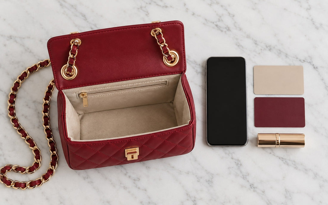 Inside view of the Misariva Cremona bag, with phone, card, and lipstick