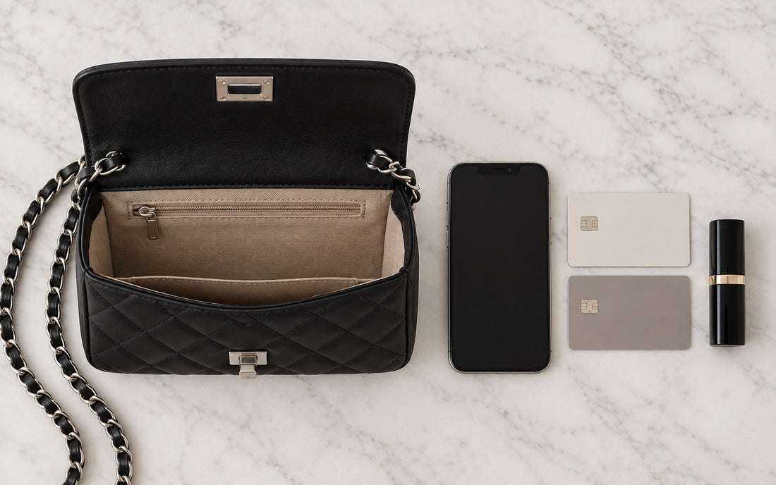 Inside view of the Misariva Cremona bag, with phone, card, and lipstick