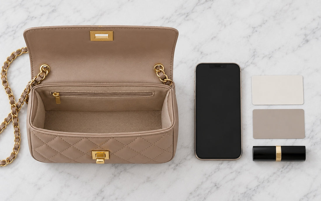 Inside view of the Misariva Cremona bag, with phone, card, and lipstick