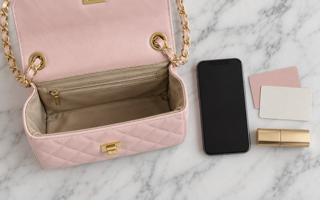Inside view of the Misariva Cremona bag, with phone, card, and lipstick