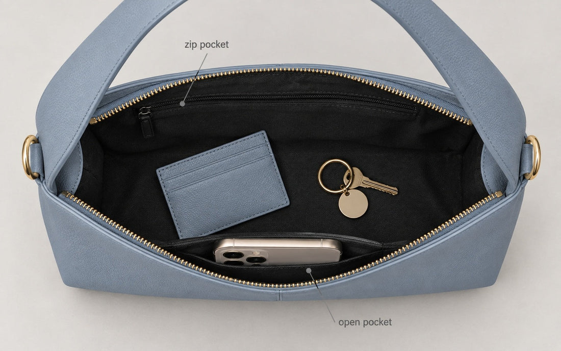 Interior de la bolsa Mifona Verona visto desde arriba, con teléfono, cartera y llaves
