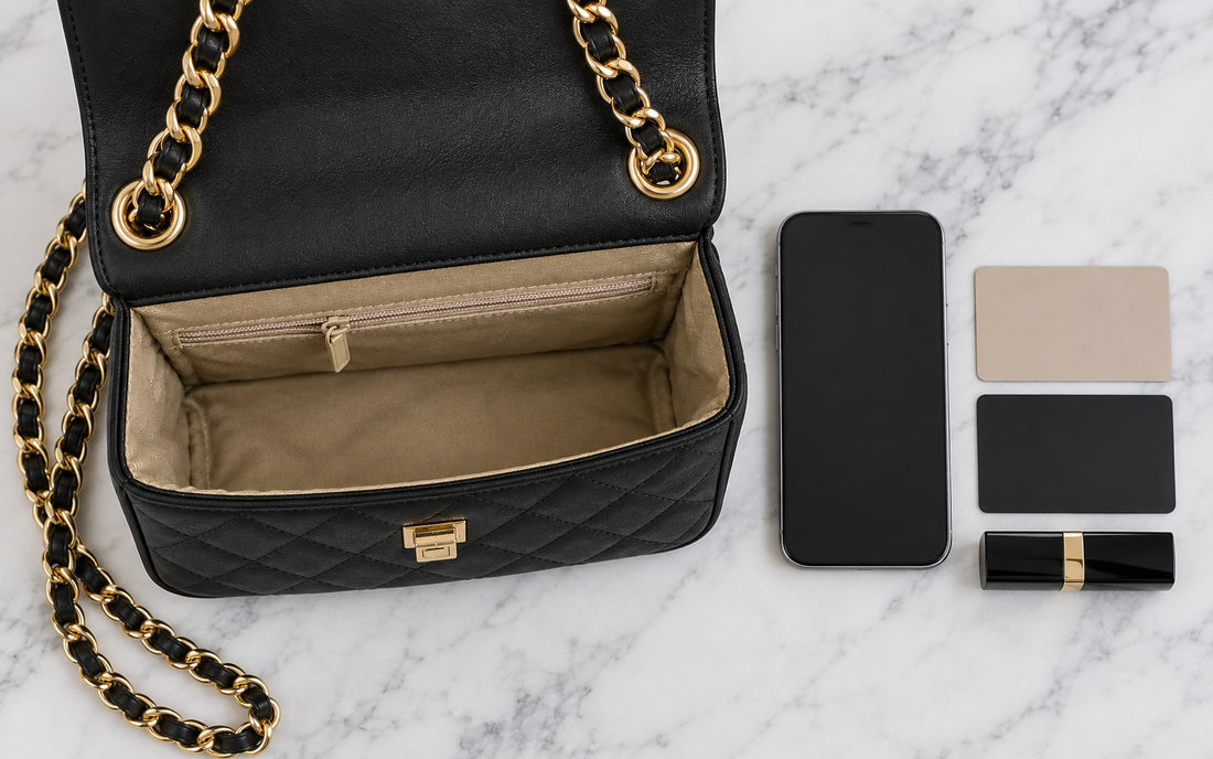 Inside view of the Misariva Cremona bag, with phone, card, and lipstick