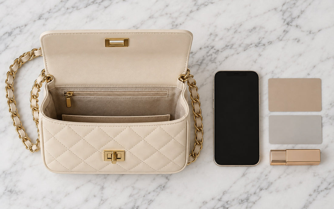 Inside view of the Misariva Cremona bag, with phone, card, and lipstick