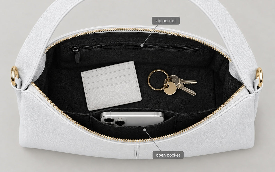 Interior de la bolsa Mifona Verona visto desde arriba, con teléfono, cartera y llaves