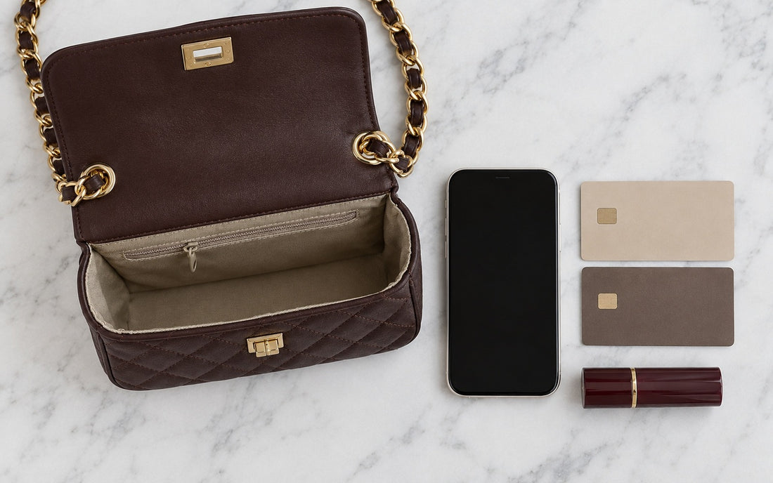 Inside view of the Misariva Cremona bag, with phone, card, and lipstick