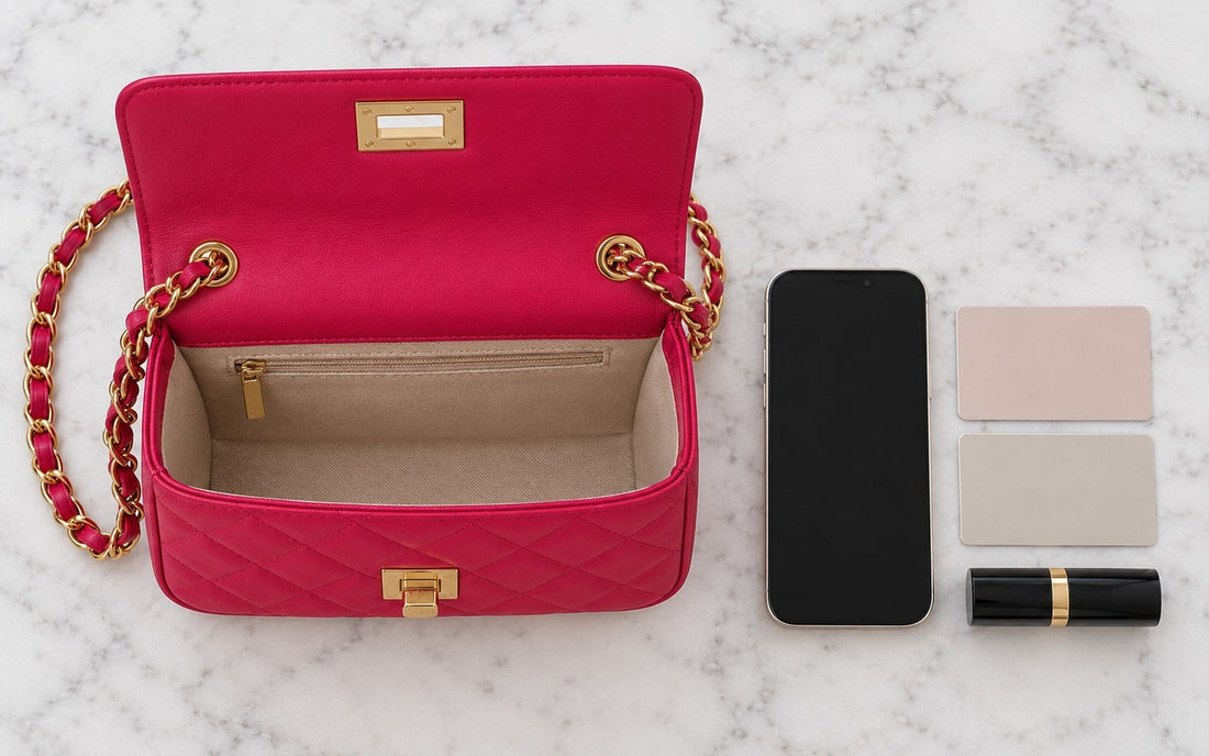 Inside view of the Misariva Cremona bag, with phone, card, and lipstick