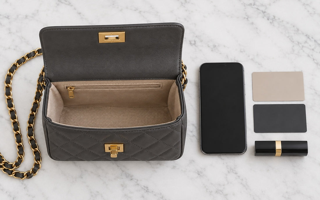 Inside view of the Misariva Cremona bag, with phone, card, and lipstick