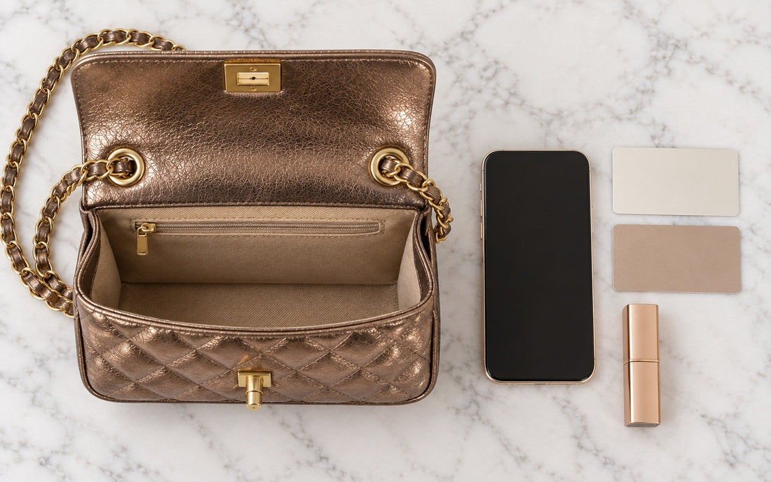 Inside view of the Misariva Cremona bag, with phone, card, and lipstick