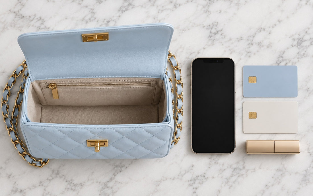 Inside view of the Misariva Cremona bag, with phone, card, and lipstick
