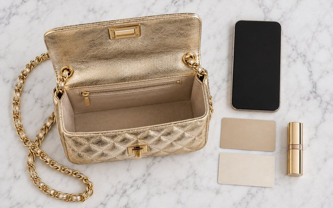 Inside view of the Misariva Cremona bag, with phone, card, and lipstick